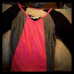 Lace back shirt with bright pink and black